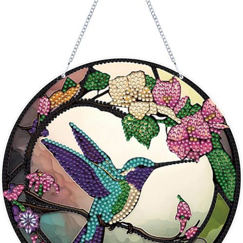 DIY 5D Flowers Hummingbird Diamond Painting Kits Hanging Sign Wall Art Sign Bird Diamond Art Suncatcher Window Hanging Ornament Window Pendants Home Garden Wall Door