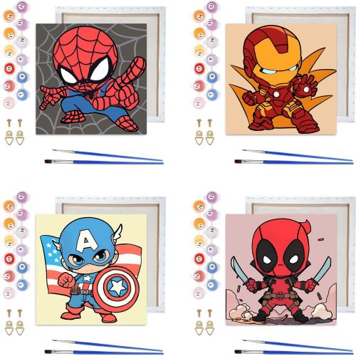 Sretoul 4 Pack Paint by Numbers Kit for Kids with Frame- Cartoon Painting Kits for Kids Ages 4-8, Cartoon Paint by Numbers with Frame 8x8 Inch
