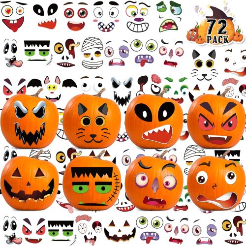 LINAYE 72 PCS Halloween Pumpkin Decorating Kit, Face Stickers for Toddlers Kids Small Mini Pumpkins, Game Activities, Gifts Party Favors