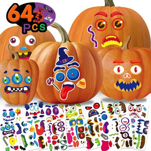64 Pack Halloween Pumpkin Decorating Kit, Make 64 Funny Face Stickers for Kids, Pumpkin Painting Kit, Jack o Lantern Stickers Halloween Party Favors