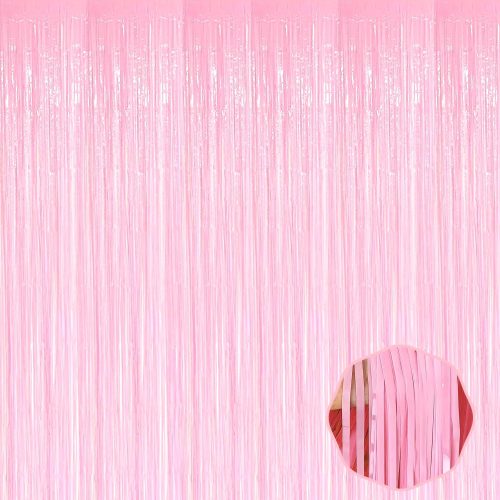 6 Pack Macaron Pink Foil Fringe Curtain Backdrop, 3.28Ft x 8.2Ft Metallic Tinsel Foil Fringe Streamer Curtains for Photo Booth, Halloween, Christmas Day, Wedding, New Year Party Decoration