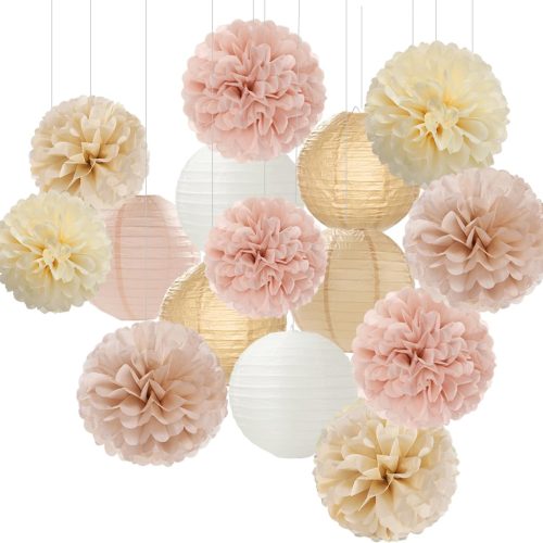 Champagne-Gold White Party-Decorations Paper-Flowers Lanterns - 15PCS Boho Fall Rustic Tissue Pom Poms Streamers,Wedding Baby Bridal Shower Neutral Autumn Birthday Hanging Supplies Decor Hugfond