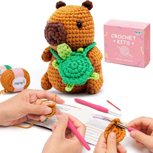Mewaii Crochet Kit for Beginners Level 1 with 40% Extra Eco-Friendly Pre-Started Easy Yarn, Step-by-Step Video Tutorials for Adults and Kids (Capybara)