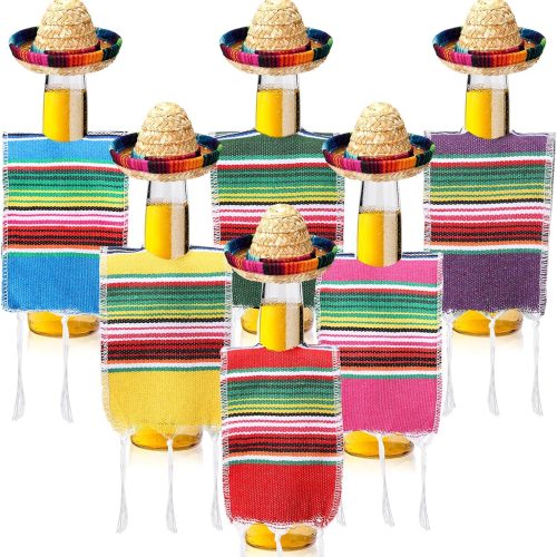 Panitay 6 Sets Tiny Sombrero Hats Mini Serapes for Bottles Beer Poncho Cover Sombrero Bottles Topper for Mexican Fiesta Party Decor