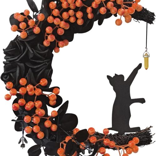 Spooky Halloween Wreath - 2025 New Black Cat Moon Door Decor with Lights for Indoor Outdoor Party Wall, Unique Crescent Moon Wreath Design, Perfect Halloween Decorations for Front Door (Orange)