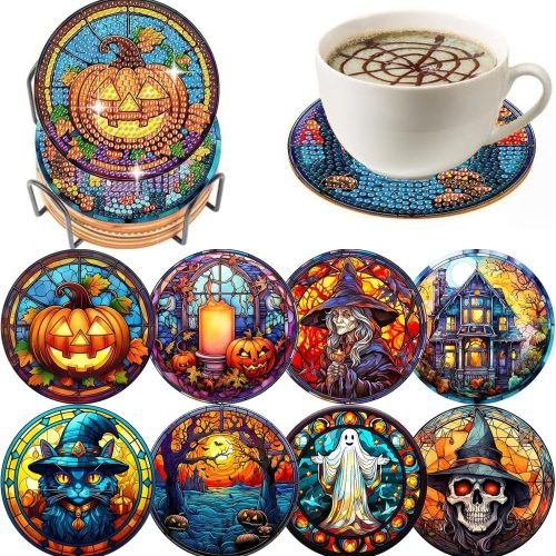 8 Pack Halloween Diamond Art Coasters Kit - Halloween Diamond Painting Coasters Kit Set with Holder Cork Pads, Diamond Art Kits for Adults Coaster, Gift for Handmade Lovers Non-Slip 3.9inch