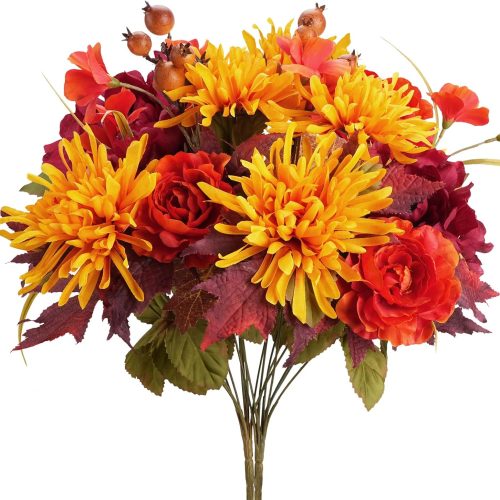2 Bundles Artificial Fall Flowers Mixed Bush Artificial Chrysanthemum with Fake Roses Autumn Faux Flowers for Cemetery Grave Home Office Wedding Floral Arrangements Decor (19.29")