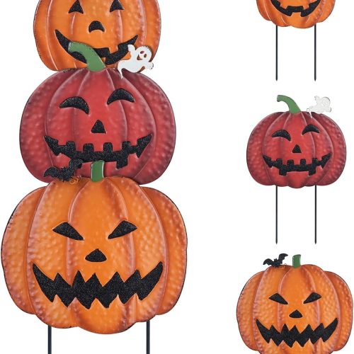 hogardeck Outdoor Halloween Decorations, 34" Decorative Garden Stakes with 3 Pumpkins for Halloween Decor, Jack O Lantern Metal Yard Signs for Outside Lawn Patio Party Decorations