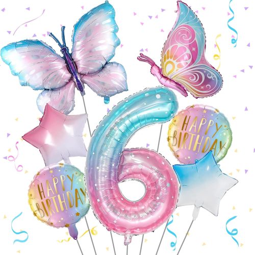 Butterfly Balloons - 6th Birthday Decorations for Girls, Gradient Pink Colorful Foil Balloons, Giant Number 6 Mylar Balloon, Butterfly Theme Party Supplies