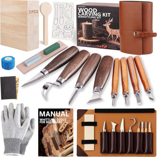 Wood Carving Kit Whittling Kit: Deluxe Wood Carving Tools Set with Leather Case - Wood Carving Knife with Basswood Blocks Woodworking Widdle Gift for Beginners Adults Kids Hobby