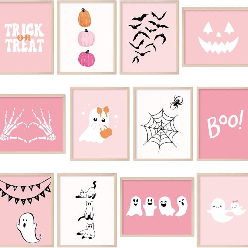 Whaline 12Pcs Halloween Wall Art Prints Pink Cute Ghost Boo Paper Posters Halloween Picture Decoration for Party Gallery Living Room Office, 8 x 10 Inch, Unframed