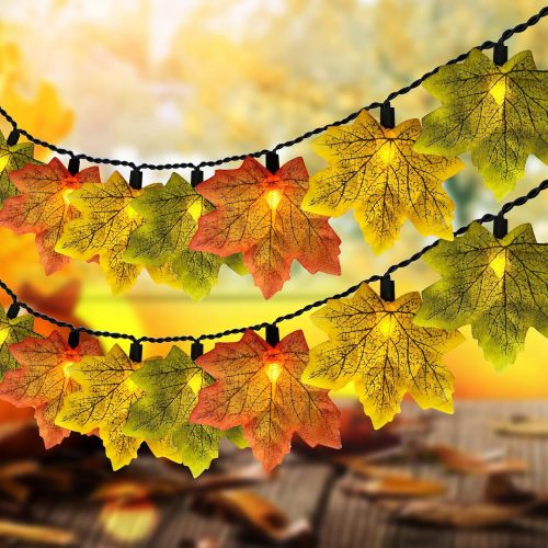 Fall Tricolor Autumn Maple Leaves Decoration Lights, 13.5FT Plug in Orange Yellow Green Maple Leaf String Lights with 35 LED Mini Bulbs for Thanksgiving Day Home Party Decor