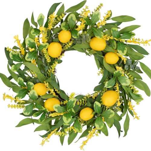 Lemon Wreaths for Front Door 20 inch Spring Door Wreath Small Artificial Wreath with Wildflowers Lemons for Spring Decor Greenery Wreath for Home Kitchen Wall Window Farmhouse Indoor Outdoor Deocr
