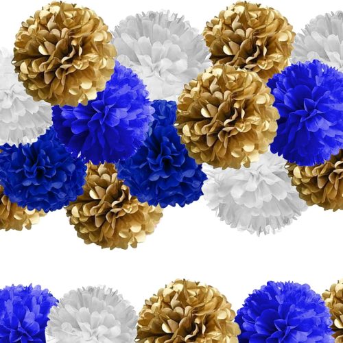 CTG117CT_1 AimtoHome 12 Piece Pom Pom Party Kit in Navy Blue, Gold & White: Party, Wedding & Nursery Decoration