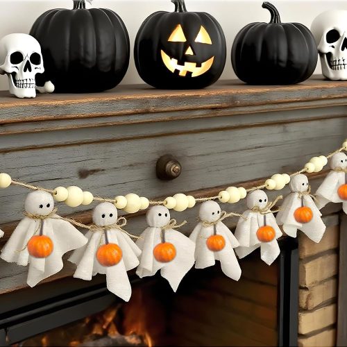 CTHD93CT_1 7Ft Halloween Ghost Garland Decoration for Mantle, Cute Halloween Ghost Hanging Ghost Banner with Wooden Beads for Home Party Decor Wall Doorways Outdoor Fireplace Decor
