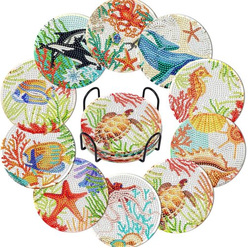 Billbotk Diamond Painting Coasters Kit, 10 Pieces Ocean Diamond Art Coasters with Holder, DIY Diamond Arts and Crafts for Adults