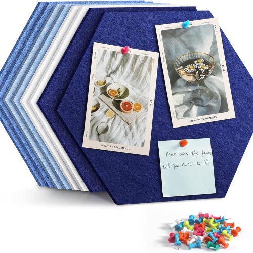 12" Large Bulletin Board with 30 Push Pins, Pack of 8 Hexagon Felt Pin Board Notice Boards for Home Office Kitchen, Felt Wall Tiles for Photos Memos
