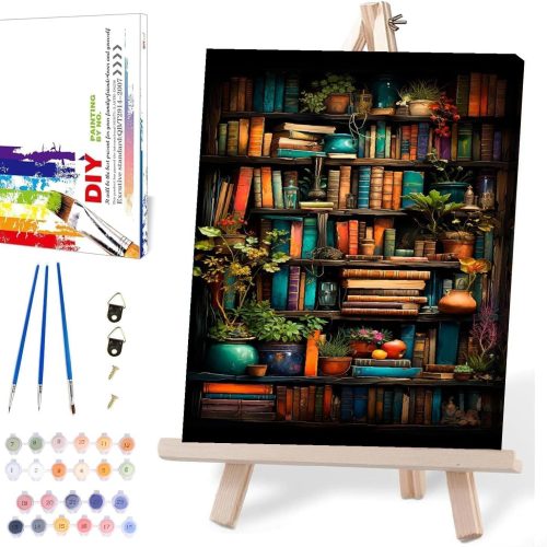 Bookshelf Paint by Numbers for Adults with Framed Canvas-with Wooden Easel,Paint by Numbers Kits Framed Canvas,DIY Acrylic Oil Painting Kits with Brushes Nice Gift Box for Home Wall Decor(12x16 Inch)