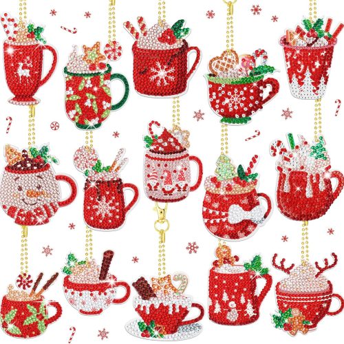BBTO 15 Pieces Christmas Diamond Painting Keychain Ornaments 5D DIY Hot Cocoa Art for Kids Crafts Family Decor (Cute)