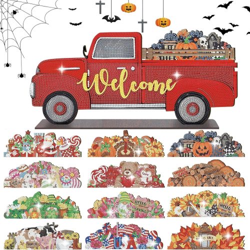 Burbell 13 Pcs Interchangeable Diamond Painting Art Welcome Signs Truck Stand Table Decor DIY Holiday Seasonal Tiered Tray Decoration Diamond Art Ornament Kits with 12 Holiday Icons for Home Wall