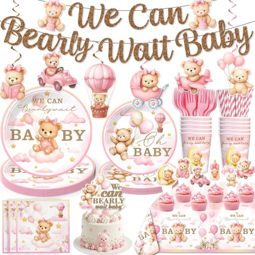 152 PCS Pink Bearly Wait Baby Shower Decorations, Bear Baby Shower for Girl Tableware Set, With Banner, Cake Topper, Plates and Tablecloths, for Baby Girl Shower Decorations Pink, Serves 20