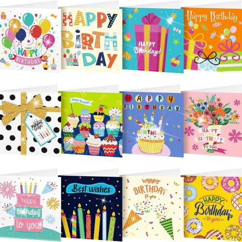 Saillong 12 Pack Happy Birthday Diamond Painting Greeting Card Kits DIY Diamond Art Cards with Envelopes Birthday Cake 5d Rhinestones Painting Kits for Adults DIY Crafts Family Friend Birthday Gifts