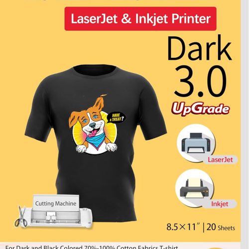 TransOurDream Tru-Heat Transfer Paper for Inkjet & Laserjet Printer (20 Sheets, 8.5x11", Dark 3.0) Printable HTV Heat Transfer Vinyl for T Shirts Iron on Transfers for Dark Fabrics (TRANS-D3-20)