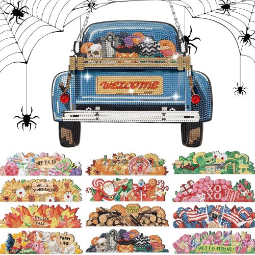 Menkxi 13 Pcs Seasonal Interchangeable Diamond Art Fall Halloween Thanksgiving Christmas Diamond Painting Kits Hanging Sign Seasonal Interchangeable Truck DIY Craft Decoration for Front Door(Blue)