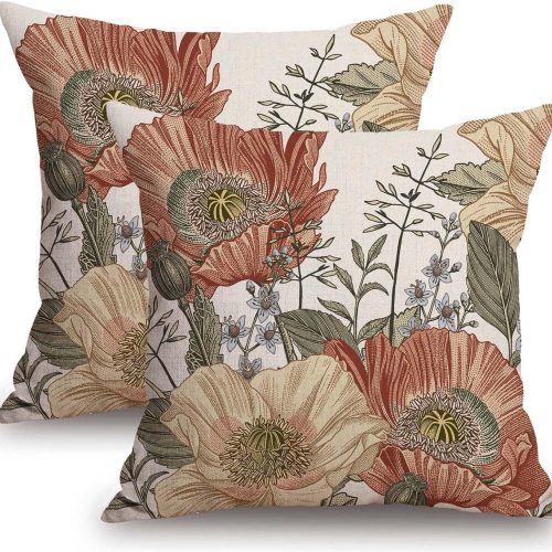 TSSOHU Vintage Flower Throw Pillow Covers 18x18 Brown Rust Colored Floral Botanical Pattern Decorative Pillows Outdoor Linen Farmhouse Cushion Case Country Pillowcase for Sofa Bed Room Decor Set of 2