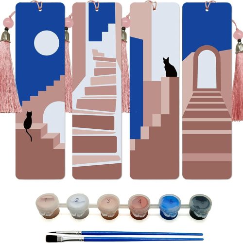 JOOZ Paint by Numbers Kit for Adults, 4 Pack Wood Bookmarks Paint by Numbers for Book Lovers, DIY Black Cat Oil Painting by Number Bookmarks with Tassel for Gift 7x2 Inch