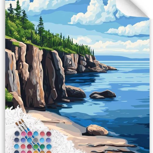 Paint by Number Lake Superior, Rocky Cliffs Paint by Numbers for Adults, North America Lakes Wall Art, Natural Landscape Acrylic Painting on Canvas, Home Wall Decor(16x20inch, Unframed)