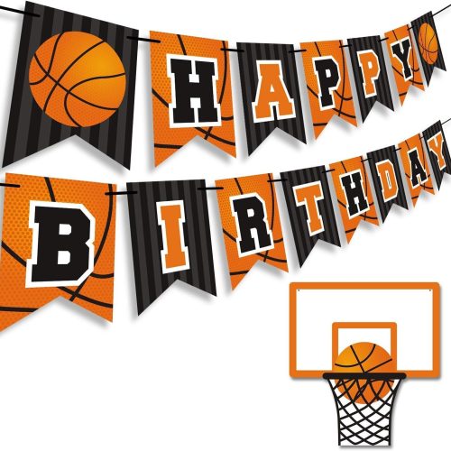 CTPS42CT_1 Basketball Happy Birthday Banner Slam Dunk Party Decoration Supplies Kids Teenagers Boys B-day Photo Prop Pennant Ideas NO DIY Required