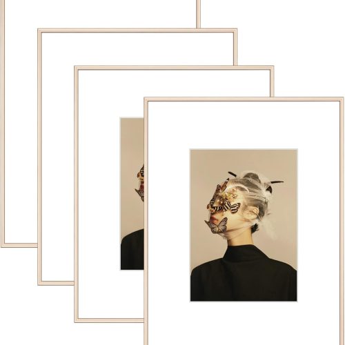 8.5x11 Picture Frame Set of 4, Matted Brass Simple Modern Brushed Thin Aluminum Metal Photo Frame Fits 5x7 with Mat or 8.5 x 11 without Mat. for Tabletop and Wall Mounting
