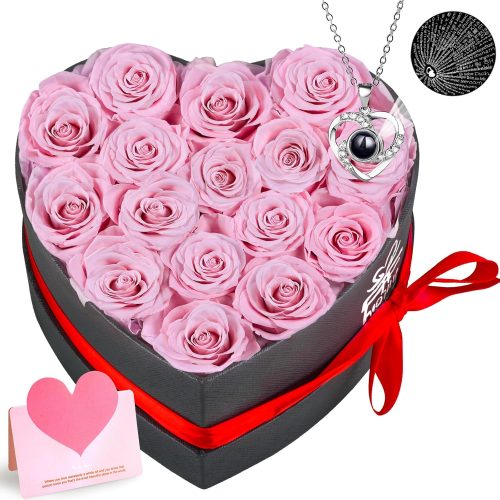 Extra Large 16 Preserved Roses Forever Flower Heart Shape Box with Necklace,Valentines Day Gifts for Her Women Girlfriend Wife Mom Thanksgiving Birthday Anniversary Valentines Mothers Day