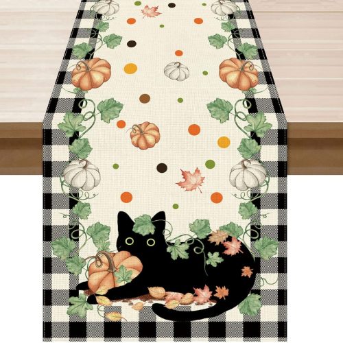 CTR461CT_1 XCHI Fall Black Cat Pumpkin Plaid Table Runner Table Decoration for Kitchen Dining Dinner Autumn Home Decor 13x72 Inch