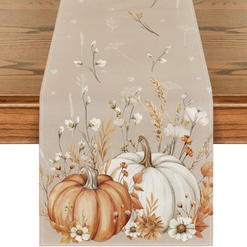 Artoid Mode Pumpkins Leaves Flowers 210 GSM Fall Table Runner, Seasonal Autumn Kitchen Dining Table Decoration for Home Party Decor 13x72 Inch