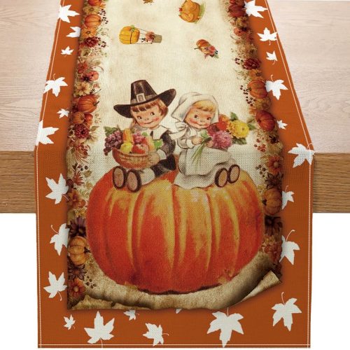 Vintage Fall Thanksgiving Table Runner Thanksgiving Decorations - Orange Vintage Style Hello Fall Pumpkin Boy Girl Autumn Home Kitchen Dining Table Decor, Thanksgiving Party Decorations 13 x 72 Inch