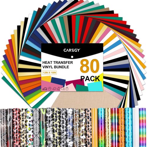 CAREGY HTV Heat Transfer Vinyl Bundle: 80 Pack 12" x 10" Iron on Vinyl for T-Shirt, 53 Assorted Colors for All Cutter Machine or Heat Press Machine