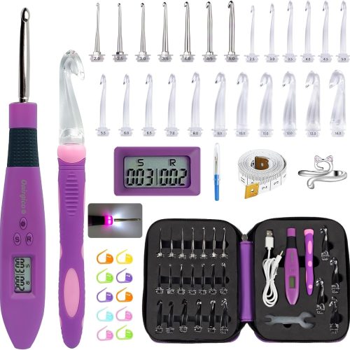 Bybykoi Light Up Crochet Hooks Set with 24 Interchangeable Crochet Kit, Digital Counter, 2 Levels LED, Beginner Knitting Kit for Stitch and Row Counter