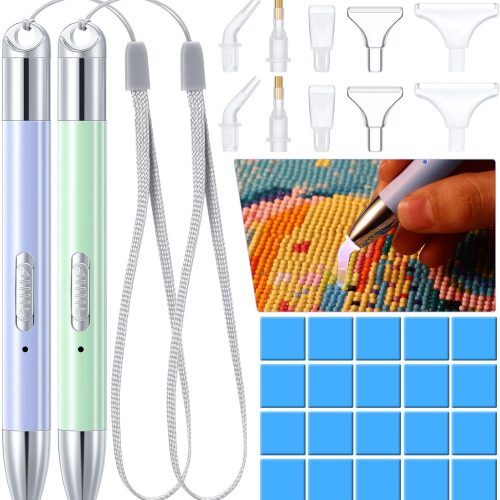 Zonon 2 Pieces LED Diamond Painting Pen 5D USB Rechargeable Lighting Point Drill Pen with 10 Head and 20 Glue Clay for Kids DIY Handicraft(Green, Purple)