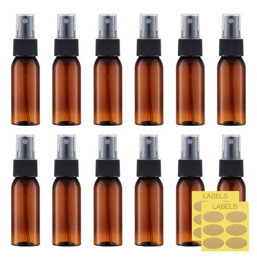 LISAPACK 1oz Amber Small Plastic Spray Bottle (12 Pack) Empty Mini Fine Mist Travel Size Atomizer, Tiny Sprayer for Little Perfume, Water, Cologne, Alcohol, Samples (Brown, 30ml)