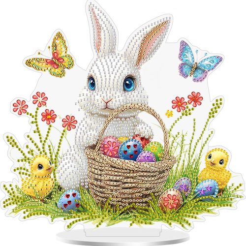 MEIYUDA Easter Diamond Painting Kits, DIY Rabbit Diamonds Art Kits for Adults, Colorful Eggs and Chicks Stand Up Tabletop Ornaments, Special Shape Rhinestone Desktope Ornament for Home Decor 9x9.36in