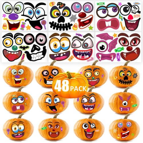 CTTC67CT_1 48Packs Pumpkin Decorating Kit, Make Your Own Small Pumpkin face Stickers, Halloween Pumpkin Decorating Stickers for Kids Halloween Party Favors