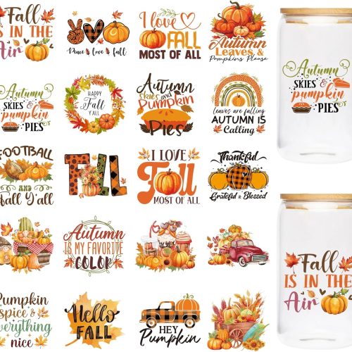 UV DTF Transfer Sticker - 20 PCS Fall UV DTF Cup Wraps for Glass Mug, Pumpkin Maple Leaf Gnome Autumn Design, Waterproof Rub on Transfer, UVDTF Cup Wraps for Thanksgiving Day