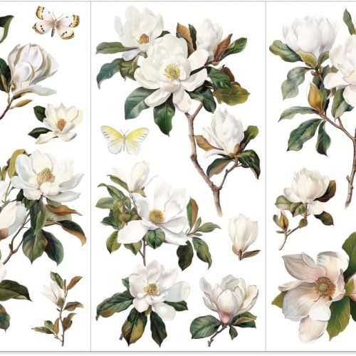 OLYCRAFT 3pcs/Set White Magnolia Rub on Transfers for Crafts and Furniture 6x12 inch Flower Decor Transfer Stickers Vintage Floral Transfers for Wood Furniture Scrapbooking Home Decorations