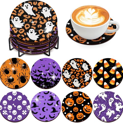 8 PCS Halloween Coasters with Holder - DIY Diamond Art Kit for Beginners, Adults, Kids (Halloween-2)