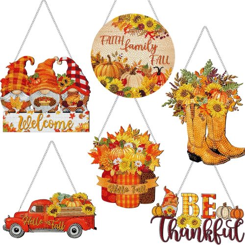 Zonon 6 Pcs Fall Diamond Art Kits Hanging Sign Decor 5D Thanksgiving Diamond Painting for Adults DIY Art Craft Autumn Welcome Sign Flower Pumpkin Boots Gnomes Truck Ornament for Wall Window Door Decor