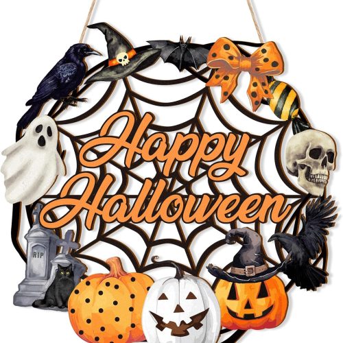 Halloween Decoration Wooden Ghost Door Halloween Wreath for Front Door Sign Wall Signs Decor, Pumpkin Black Cat Wreaths Sign Hanging for Home Wall Decor Outdoor Indoor Farmhouse Party Supply