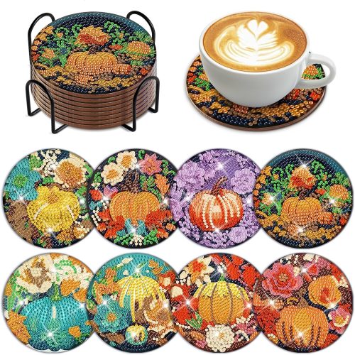 CTZ184CT_1 Denylo pro 8 Pcs Fall Pumpkin Diamond Art Painting Coasters Kits with Holder DIY Autumn Pumpkin Diamond Art Coaster Non Slip Coaster for Adults Pumpkin Diamond Kits Supplies for Fall Gift