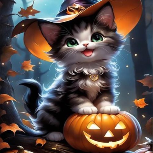 Halloween Diamond Art Kits for Adults, Black Cat Pumpkin Diamond Painting Gem Art Kits for Beginners, DIY 5D Round Full Drill Diamond Dots Kit for Home Wall Decor 12x16 Inch